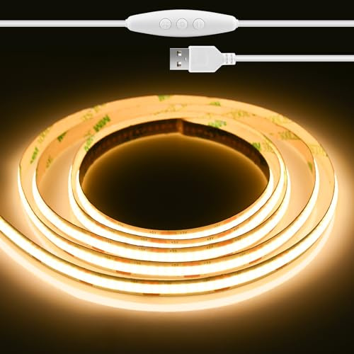 Oumida 2 Metri Striscia LED COB con Telecomando e alimentazione,3000K Bianco Caldo 640LED CRI92+ 24V Dimmerabili Strisce Luce LED Flessibile per Retroilluminazione TV, Cucina, Camera da Letto (2M)