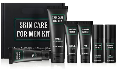 Kit per la cura della pelle maschile - Set completo anti-età con detergente viso quotidiano, scrub esfoliante, siero viso, crema contorno occhi, crema idratante mattina e notte per, 6 pezzi
