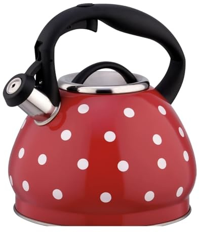 Bouilloire sifflante à Pois pour cuisinière, théière de 3,2 litres, en Acier Inoxydable avec poignée Ergonomique, Style (Rouge)