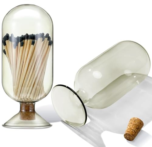 Match Holder,Match Bottle Glass Matches Holder Cloche Decorative Jar Smoke Grey for 4 Inch Trendy Fireplace Display Decor, Not Include(7 Inch)