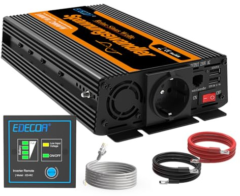 EDECOA Inverter 1000 W/2000 W, 12 V a 230 V, convertitore di tensione sinusoidale puro, convertitore di corrente da 12 V, 220 V, 2 USB e telecomando