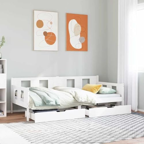 QJBSAVVA Tagesbett mit Schubladen 90x200 Kiefer massiv Weiß Daybett als Sofa oder Gästebett Stauraum Jugendzimmer Komplett 203,5x98x66 cm für Living Room Schlafzimmer