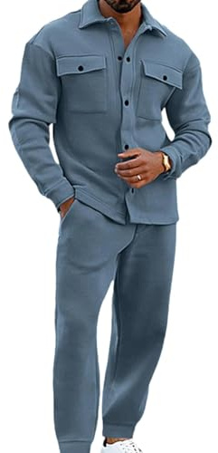 Herr Athleisure 2-delad mocka set, mode långärmad button-down slim fit skjorta jacka lös casual byxor kostym, Ljusblått, L