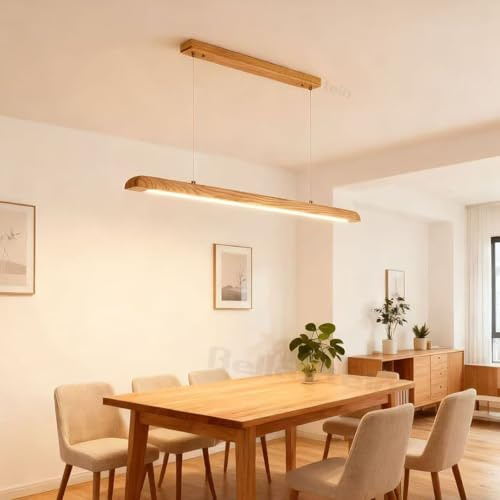 LED Pendelleuchte esstisch holz Dimmbar, LED Pendellampe mit Fernbedienung Linear Design Hängeleuchte Esstisch lampe, Moderne Hängelampe Höhenverstellbare für Esszimmer Büro Küche (Holz, 150)