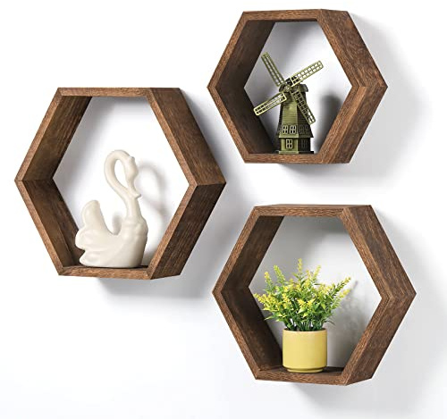 CADUKE 3er-Set Schwebendes Sechseck-Regal Wandregal, Schweberegal Hexagon aus Holz, Wand-Dekorationsregal, Waben-Aufbewahrung Hängeregale für Wanddeko in Bauernhaus, Wohnzimmer, Schlafzimmer, Braun