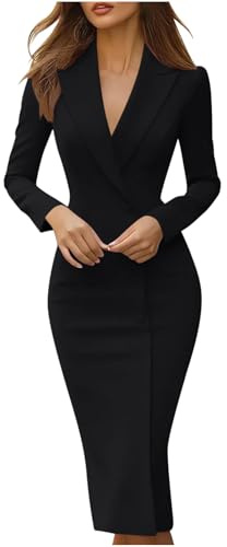 Women High Waist Elegant Dress – Long Sleeve Formal Dress with Lapel Collar Detail Ladies Office Work Pencil Dress Stylish Casual Slim-Fit Button Front Slit Dresses Black