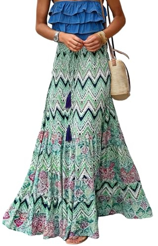 LIAMERHE Falda Larga Mujer Verano Boho Chic Falda Maxi de Cintura Alta Elástica Faldas Línea A Fluidas con Volantes Estampado Floral Estilo Gypsy Playa Vacaciones Vestidos de Playa
