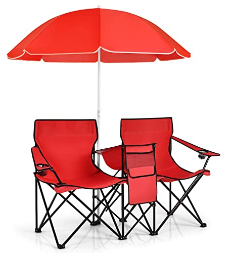 FANTASK Doppelsitzer Campingstuhl, 2-Sitzer Klappstuhl aus Oxford-Stoff & Stahl, Picknickstuhl mit Sonnenschirm, Kühltasche, Getränkehalter & Seitentasche, Faltstuhl für Camping, Angeln (Rot)