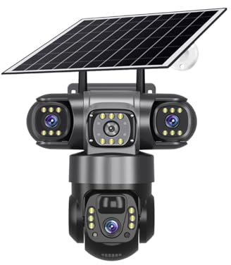 GUYSGNX Telecamere di sicurezza, Telecamera Solare 4G SIM Da Esterno 3 Lenti Tre Schermi Webcam PIR Rilevamento Umano Video Batteria PTZ IP Camara(4G Camera 64G)