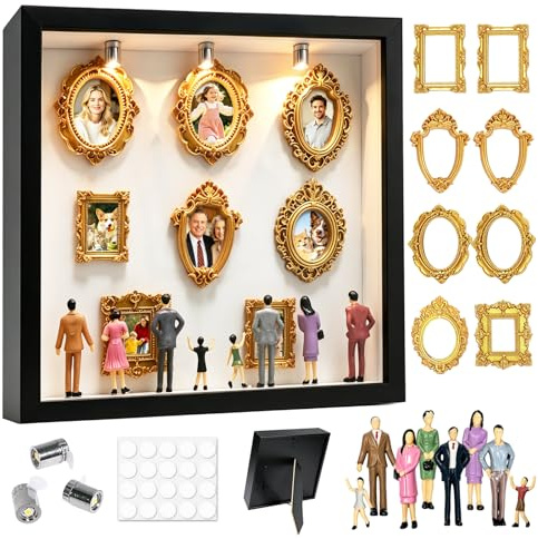 DIY Mini Museum Silhouetten Box mit LED, Mini Bilderrahmen Vintage, Shadow Box Bilderrahmen Set, Foto Erinnerungsanzeige Set mit 8 Mini-Goldrahmen 8 Figuren für Jahrestag, Hochzeit(Schwarz)