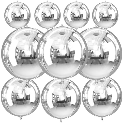 Globos Plateados metalizados, 10 Globos XXL de Aluminio Gigantes 4D de 22 Pulgadas Globos Metálicos de Plateado,4D Globo Redondos para baby shower, cumpleaños, Año Nuevo, bodas, aniversarios