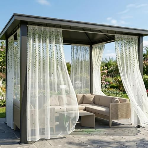 Rosnek 2er Set Outdoor Vorhang Pavillon Gardinen mit Blumenstickerei, Moskitonetz Pavillon & Insektenschutz, Hochdichtes, Netzgewebe Mückenschutz für Terrasse Balkon Garten, H 225 x B 140 cm