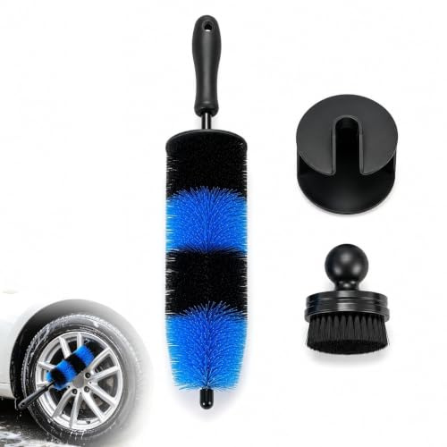 Kit Cepillos Limpieza Coche 2 Piezas para Llantas y Neumáticos Azul | Microfibra antirayas. Mango 40cm. Acero recubierto. Llantas, neumaticos, parrillas, motor, escape. Coche, moto, bici. Azul.