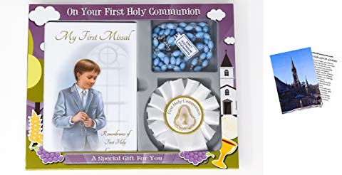 First Communion Rosette & Blue Communion Rosary Gift Set- LOURDES PRAYER CARD