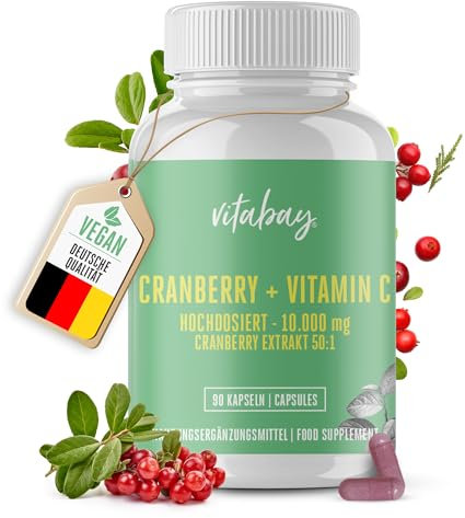 Vitabay Cranberry Kapseln Hochdosiert 10000mg + Vitamin C - 90 Vegane Kapseln Cranberry Extrakt aus natürlichen Zutaten - Ideal mit D Mannose und Forskolin - Laborgeprüft