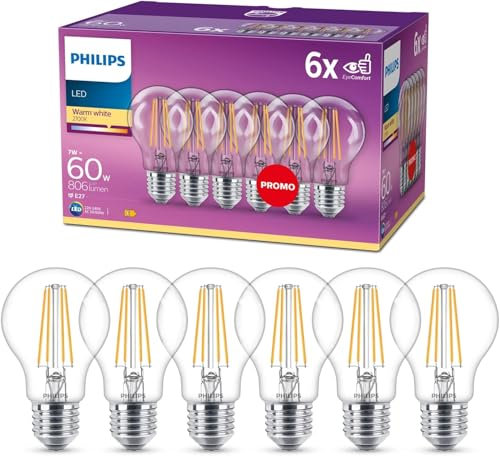 Philips, Lot de 6 ampoules LED Classic E27 (Equivalent 60 W), lampes LED à lumière blanc chaud, éclairage LED à économie d'énergie avec une longue durée de vie