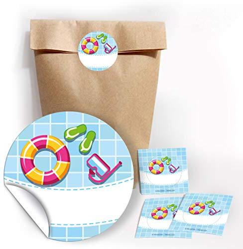 JuNa-Experten 12 Bunte Party-Tüten mit 12 Aufkleber für Geschenke oder Mitgebseln beim Kindergeburtstag Mädchen Junge Kinder Schwimmbad/Geburtstag/Kinderfest/Papier-Tüten für Geschenkverpackung