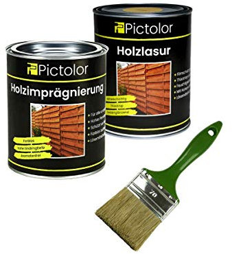 Pictolor Holzschutz Set: Pictolor Holzlasur 0,75 Liter Eiche hell + Pictolor Imprägnierlasur 0,75 Liter + Lasur Pinsel 70mm