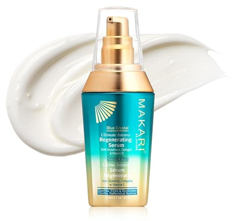 Makari Blue Crystal Regenererande serum 17 oz – lättare, lyser upp och drar åt kroppsserum med naturlig glutation – anti-aging, lyser upp mörka fläckar och fläckar för kvällsad strålning