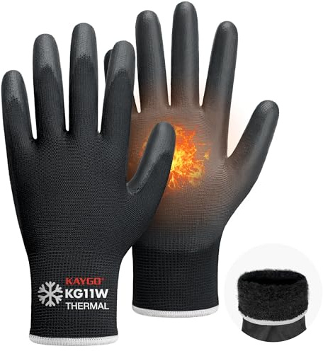 KAYGO Thermo Arbeitshandschuhe PU beschichtet 12 Paar, KG11WB | antirutsch Grip, Gefütterte Schutzhandschuhe für Winter Arbeit Kühlhaus Lager Bau bei kaltem Wetter (Schwarz, XL, Gr 10)