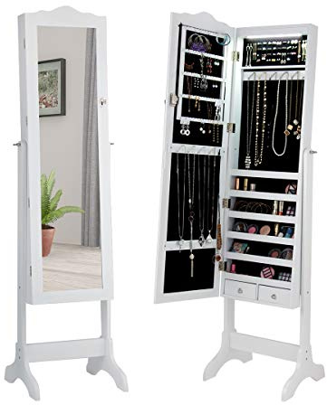 GIANTEX Armoire à Bijoux avec Miroir sur Pied Inclinable, Porte Bijoux avec 14 Lampes LED, Rangement Bijoux en Bois, pour Colliers pour Chambre, Salle de Bain (Blanc)