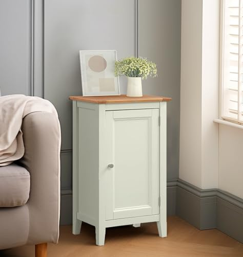 Hallowood Furniture Clifton Green Off White Small Cupboard with 2 Shelves | Light Oak Top Wooden Shoe Cabinet w/ Adjustable Shelf for Hallway, Storage Unit for Living Room, Kitchen, Bathroom Furniture