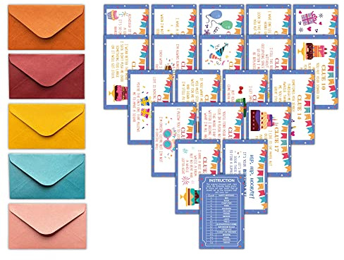 HEZNZXQ Happy Birthday Treasure Hunt Clues Game Cards, Birthday Party Scavenger Hunt Card Game(20 Cards with Colourful Envelopes), Indoor Outdoor Party Game Supply for Adults Family Teacher (A06)