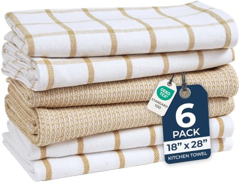 Lane Linen Lot de 6 torchons de Cuisine 100% Coton, absorbants et à séchage Rapide avec Boucle de Suspension, 45,7 x 71,1 cm, Beige