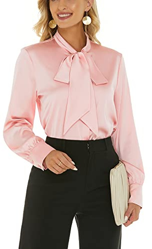 ANNA&CHRIS Escalier Women's Silk Blouse Bow Tie Neck Long Sleeve Satin Button Down Shirt Casual Office Blouse Top, Pink, Medium