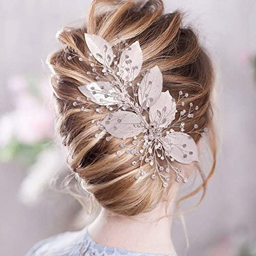 Haar Schmuck Damen Mädchen Silber Party Kopfschmuck aus Strass Blattstil Hochzeit Brautschmuck Haare Brautjungfern Brauthaarschmuck Handmade Haarschmuck (lang 9 Inch), Silver