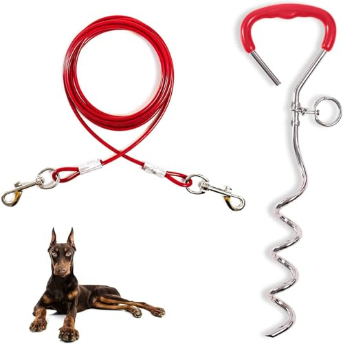 JETOP Heavy Duty Dog Stake & 10 ft Dog Chains, Steel Spiral Ground Dog Spike for Outdoor Yard and Camping, Dog Camping Accessories for Puppy Pet and Medium Dogs (176 lbs of pull) (Red)