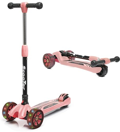 CORQUAT Patinete Infantil 3 Ruedas LED, Altura Ajustable 2-8 Años, Rosa, Plegable, Resistente hasta 50 kg