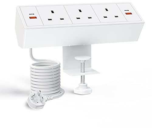 Haiaoyyds Desk Power Socket With 3 UK Plugs, 2 USB C Ports, 2 USB A Ports, and 3M Cable Extension Lead for Home Office, White