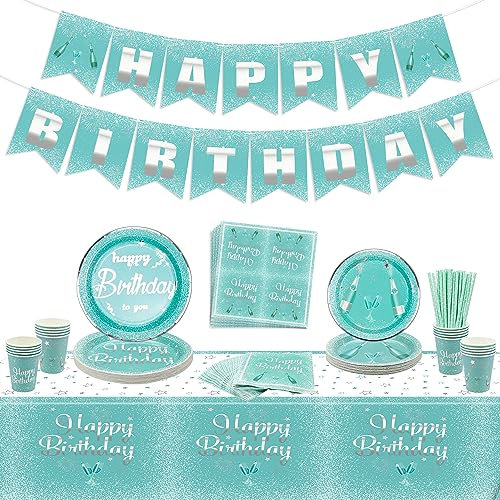 Decorazioni per feste di compleanno in verde acqua e argento per ragazze e donne, include striscione di buon compleanno, tovaglia, piatti di carta, tovaglioli, bicchieri, per 20 ospiti