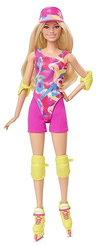 BARBIE The Movie, Margot Robbie - Skating Puppe mit Neon-Outfit, Retro-Gymnastikanzug, pinkfarbene Biker-Shorts, Sonnenschild, neongrüne Kreolen-Ohrringe, Skatingausrüstung, Impala-Inlineskates, HRB04