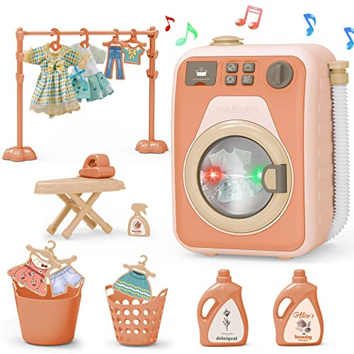 deAO Waschmaschine für Kinder,Elektronisches Spielzeug der Waschmaschine mit realistischen Geräuschen,Waschmaschinen-Spielzeug-Set,Waschset für Kinder