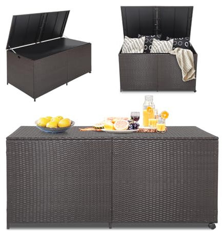 KOMFOTTEU Aufbewahrungsbox outdoor rollbar, Poly Rattan Gartenbox mit Tragegriffen, Auflagenbox 150 x 77 x 72 cm, Balkonbox mit Deckel, Kissenbox mit belüfteter Stauraum