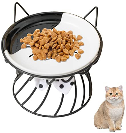 Keramik-Katzennapf mit Metallständer, erhöhter Katzennapf Anti-Erbrechen Flach Keramikschale Katzenfutternapf Futter Wasser Futternapf für Katzen und kleine Hunde (Schwarz)