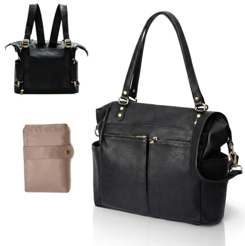 MISS FONG Baby Wickeltaschen Baby Wickeltasche Rucksack Wickeltasche Multifunktionale Ledertasche mit Schultergurt & Wickelunterlage für Mama & Papa Große Kapazität Wasserdichter Rucksack - Schwarz