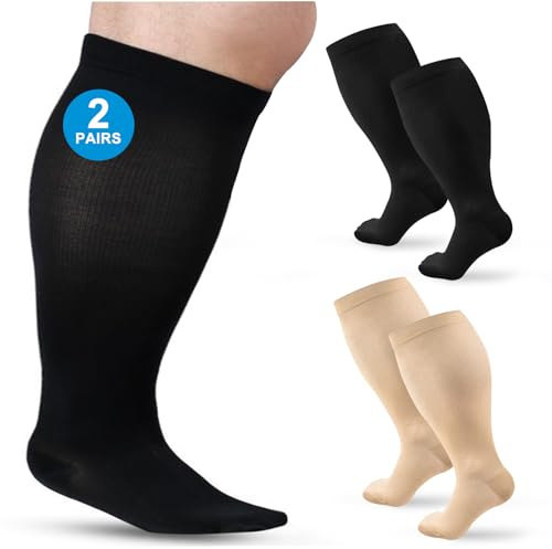 Ledeak Calzini per Diabetici Extra Larghi, Non Legante Calzini Neuropatia, Calze Diabetici per Uomo Donna Piedi Gonfi, 2 Paia (4XL, Nero+Colore della Pelle)