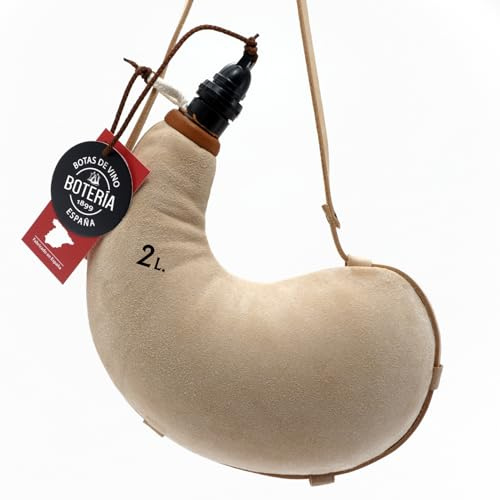 Bota de Vino Antigua Curva interior de Látex todas las Bebidas Piel de Cabra Curada Color Piel (2 Litros)