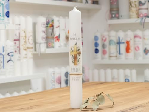 meinkerzenshop Kommunionkerze mit Designdruck Marian personalisiert mit Name und Datum, individuell für Junge und Mädchen