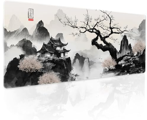 Großes Mauspad mit japanischem Kirschblüten-Anime, Größe XL, schwarz-weiß, Sakura-Baum, Berge, erweiterte große Schreibtischunterlage, 80 x 30 cm, rutschfeste Gummiunterseite, genähter Rand, langes