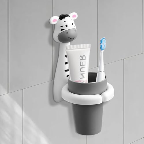 TOATELU Zahnbürstenhalter für Kinder, Kinder Zahnbürstenhalter mit Tasse, Zahnbecherhalter ohne Bohren, Zahnbürstenhalter Wand, Niedliche Zahnbürstenhalter für Babys Und Kinder (Zebraform)