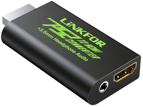 LiNKFOR Convertisseur PS2 vers HDMI avec Sortie Audio 3.5mm Plaquée Or Alimentation USB 480i/576i/480p Adaptateur pour PlayStation 2 sur TV Moderne
