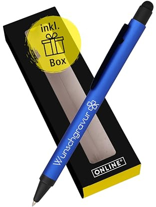 Online personalisierter Kugelschreiber Alu Stylus Blue mit Gravur in Geschenkbox I Aluminium I Großraum-Mine I Schreibfarbe schwarz I mit Stylus-Tip