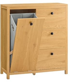SoBuy Wäscheschrank mit ausklappbarem Wäschesäcken Wäschesack Wäschetruhe Wäschekorb Badezimmerschrank Badschrank Badmöbel Badkommode Dunkelnatur BHT ca. 80x90x35cm BZR97-SN