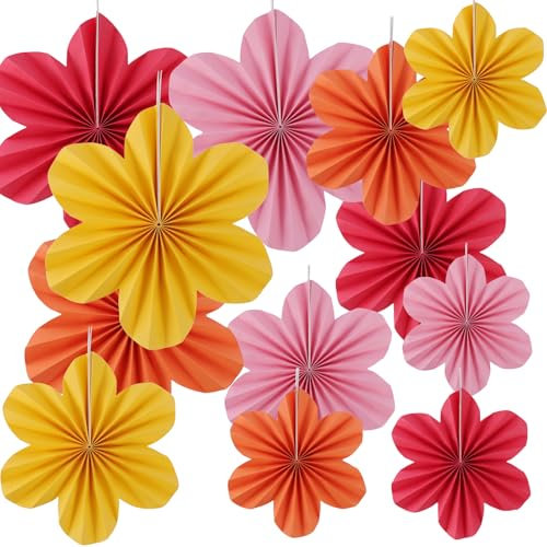 12 Stück Papierfächer zum Aufhängen,Papierblumen Deko Hängend,Papier Blumen Hängende mit Schnur und Pin 20/25/35 cm für Partys, Hochzeiten, Festliche Dekorationen (Rot, Gelb, Rosa, Orange)