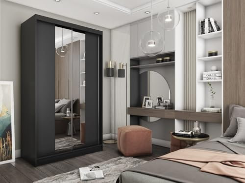 AGMAT-FURNITURE Schwebetürenschrank Lyon, Kleiderschrank mit 2 Türen, Moderne Garderobe in Farbe: Schwarz, Schrank in Größe: 120 x 216 x 61 cm