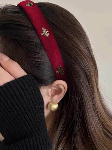 TERSE Burgundy Velvet Headband for Women White Pearl Head Band Cute Designer Headband Fashion Hair Accessories Vintage Women Holiday Headbands Elastic Hair Bands